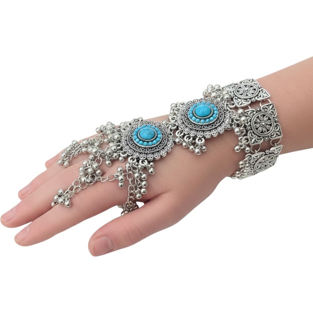 Silver Faux Turquoise Slave Bracelet Hand Harness Festival Rodeo Boho Statement